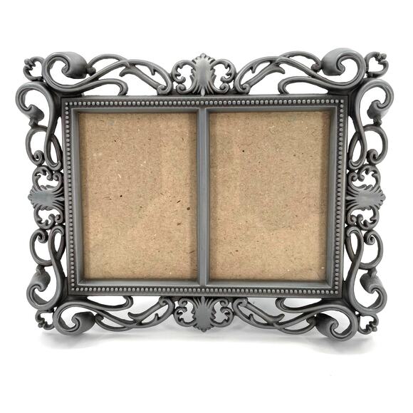 Double Photo Frame, Metal, Pewter Color, Ornate Scroll, 2 1/4” X 3 1/4” Ea. Side - Picture 2 of 7